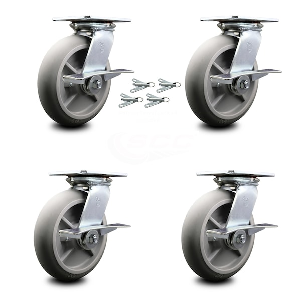 8 Inch Thermoplastic Caster Set with Ball Bearings and Brakes/Swivel Locks SCC